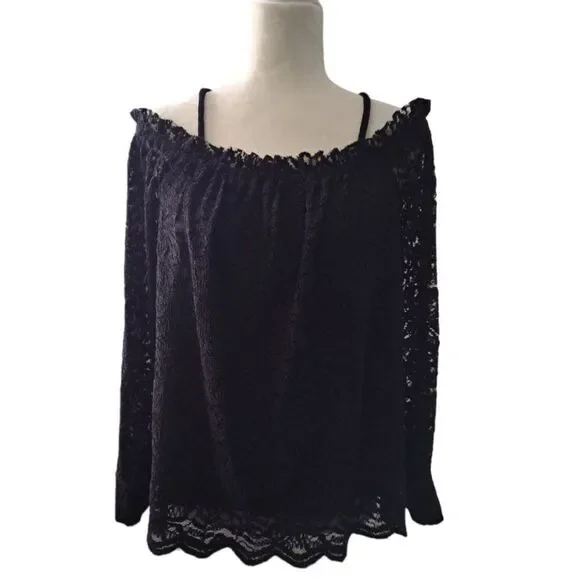 Anthropologie Eri + Ali Coldshoulder Lace Black Button Cuff Dark Boho Top Small - Picture 2 of 9